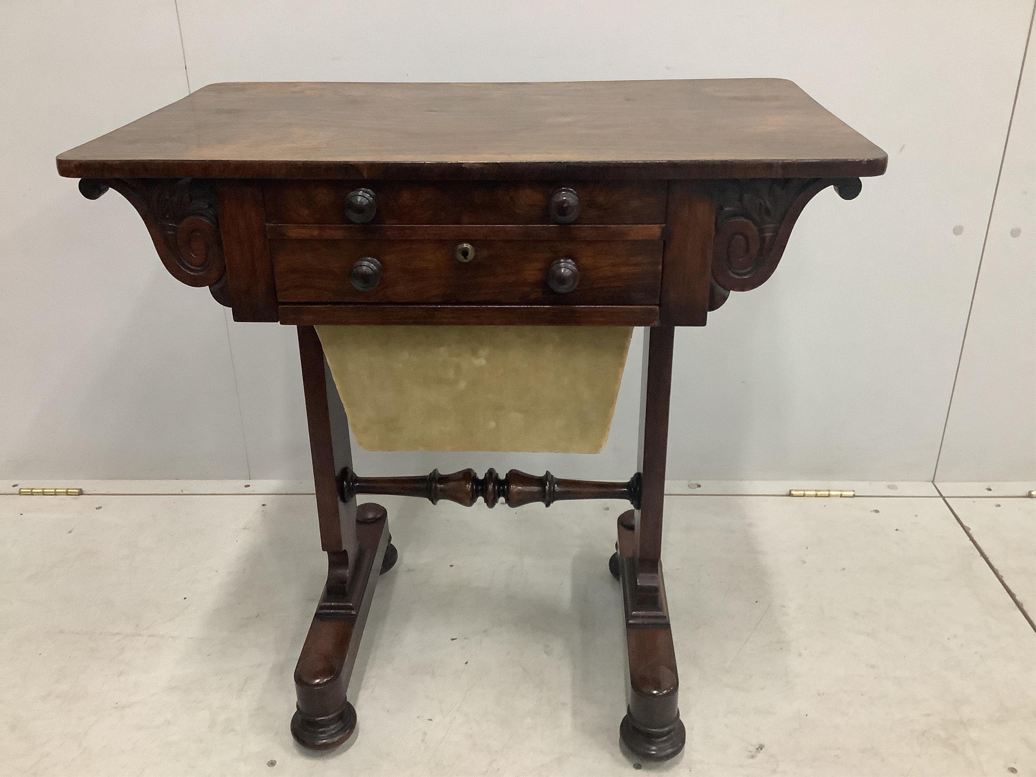 A William IV rosewood work table, width 71cm, depth 42cm, height 72cm. Condition - fair